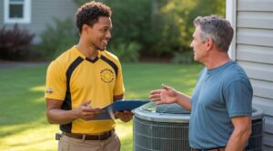 AC Energy Bill Warning Signs: Danville VA technician discusses AC unit with homeowner