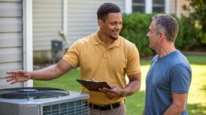 AC leaking water inside diagnosis with technician consulting homeowner outdoors
