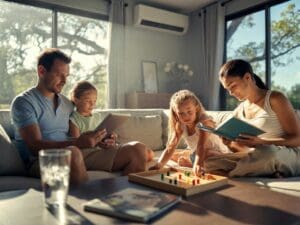 AC over 10 years old Halifax VA: family enjoying comfortable home with modern ductless mini-split