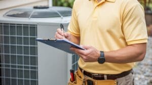 AC tune-up Lynchburg technician inspecting outdoor condenser unit with clipboard
