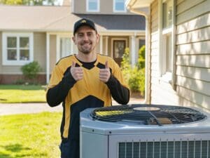 AC compressor repair technician gives thumbs up beside outdoor air conditioning unit