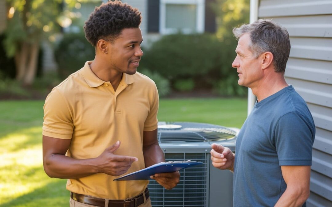AC not cooling Danville — technician with clipboard speaks with homeowner by outdoor condenser
