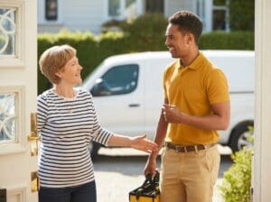 AC not cooling Danville â€” technician with toolbox greeted by smiling homeowner at front door