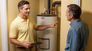 Emergency water heater repair consultation between plumber and homeowner