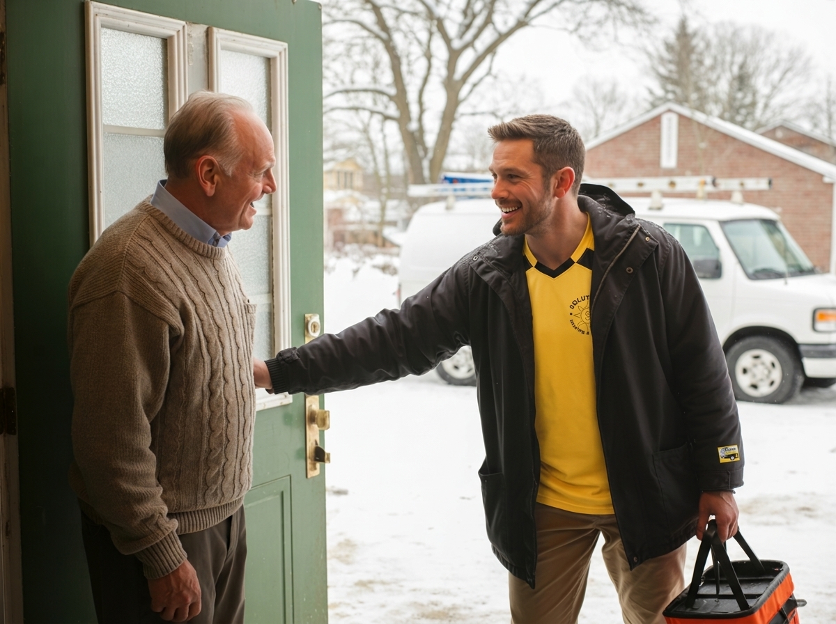 Heat Pump Installation Clarksville VA trusted local service Heat Pump Installation Clarksville VA: technician greets homeowner at snowy front door