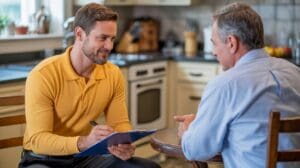 High-efficiency 96% AFUE furnace installation Halifax VA technician consulting with homeowner