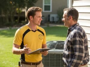 How Lynchburg's Humidity Affects Your AC's Lifespan: technician consults homeowner outdoors