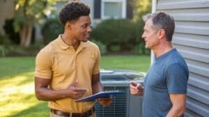 Signs your AC unit needs repair: tech consulting homeowner outdoors