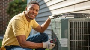 Signs your AC unit needs repair: technician servicing outdoor condenser