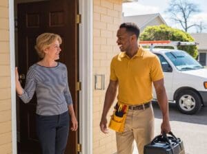 Plumber arriving at home to fix water heater leaking from bottom