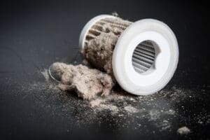 What's living in your air ducts â€” heavily clogged cylindrical filter with debris