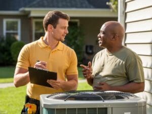 AC repair service in Danville â€” technician reviewing unit with homeowner
