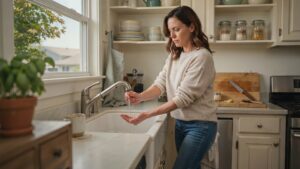 Why is my water pressure suddenly low? Woman checks her kitchen faucet.