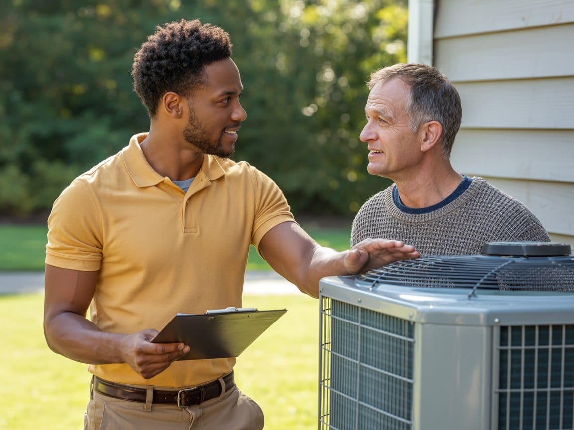 Homeowner reviewing AC repair vs replacement options with a technician