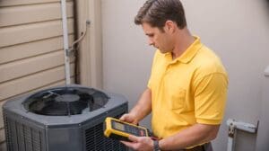 Air conditioner capacitor replacement technician using multimeter to test residential AC unit