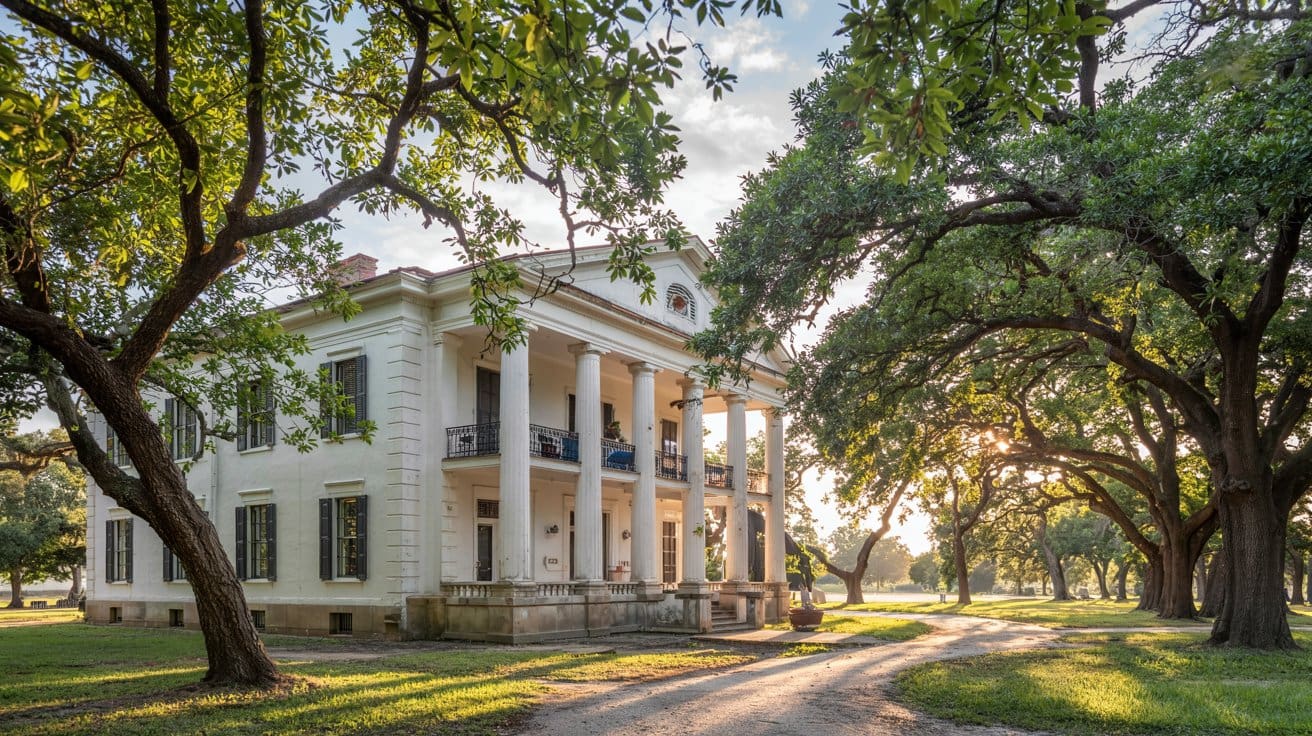 Historic white mansion surrounded by oak trees, maintained by air conditioning contractor Halifax experts.
