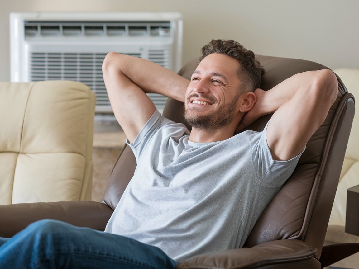Man enjoying cool air from air conditioning repair service Lynchburg technicians recently installed.