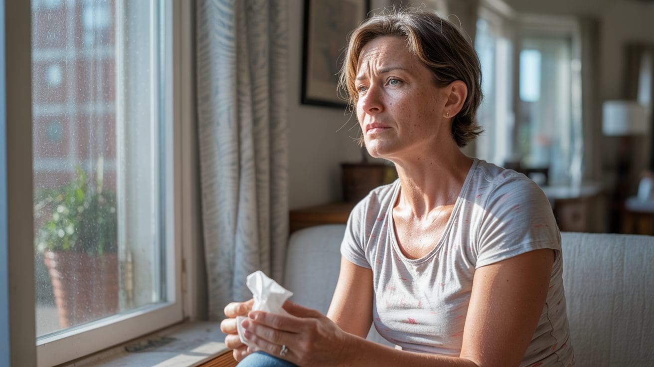 Woman suffering from allergies, considering air duct cleaning service for her Halifax home.