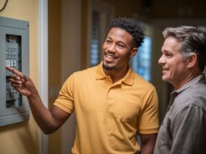 Electrical panel handle whole house generator assessment with technician and homeowner