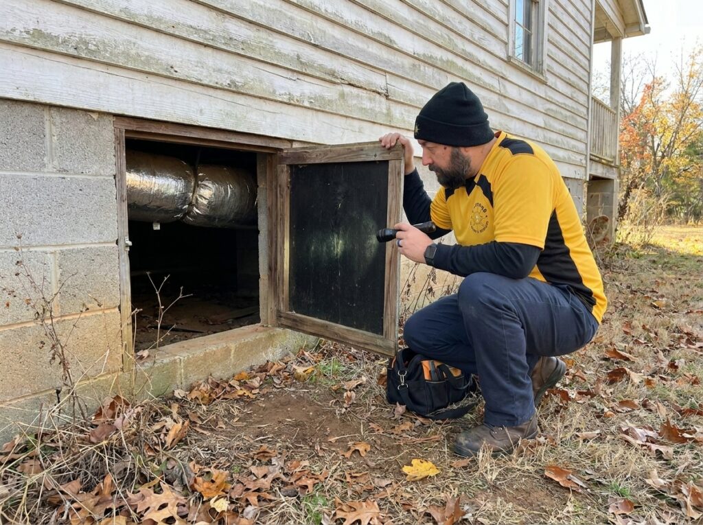 A man in a yellow and black shirt kneels while shining a flashlight into a crawl space opening under a house, with insulated ductwork visible inside.