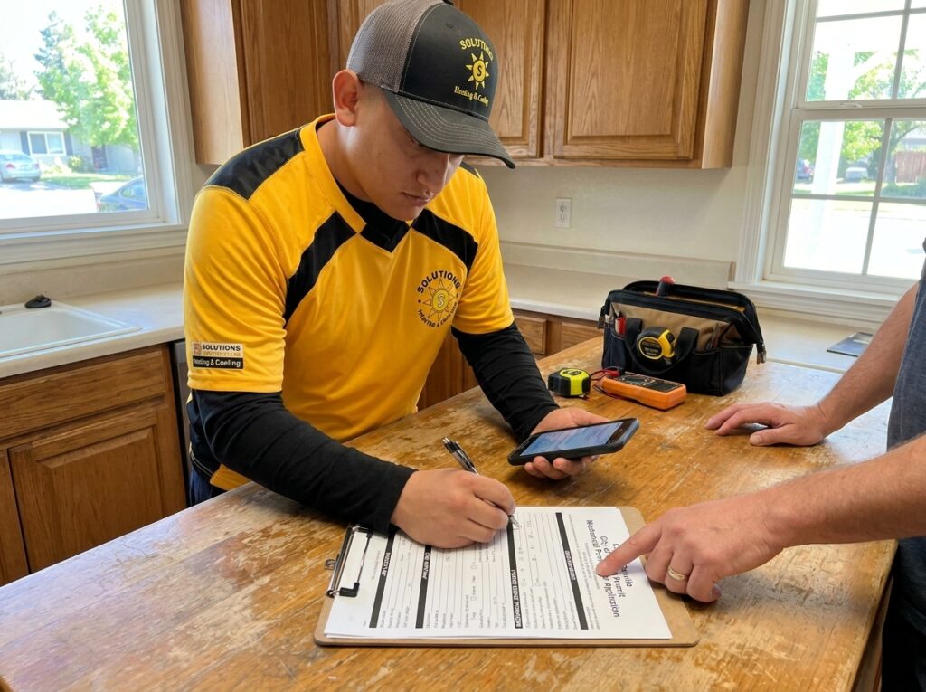 A technician in a yellow and black Solutions Heating & Cooling shirt and cap writes on a permit application form on a clipboard at a kitchen counter while another person points to the form, with a phone, tool bag, and multimeter nearby.