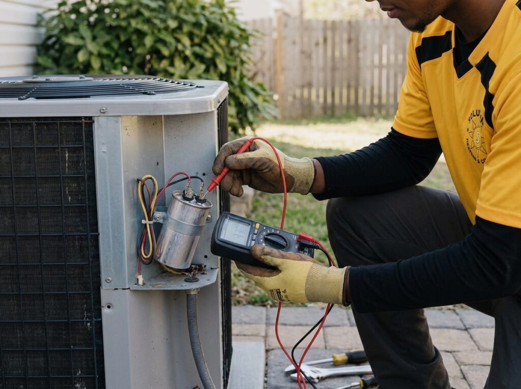 A technician wearing gloves and a yellow work shirt uses a multimeter to test a capacitor inside an outdoor air conditioning unit.