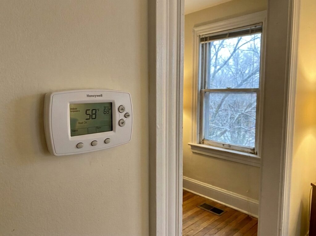 A Honeywell wall thermostat showing an indoor temperature of 58°F with the set point at 68°F and heat on, next to a doorway revealing a sunlit room with a bare tree visible through the window.
