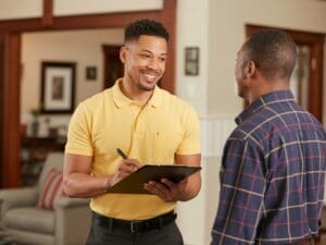 Generator sizing guide technician consulting with homeowner inside residential home