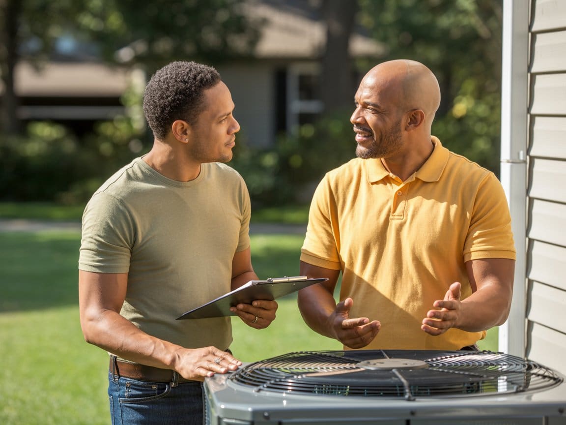 HVAC consultant reviewing heat pump repair options with a South Hill homeowner