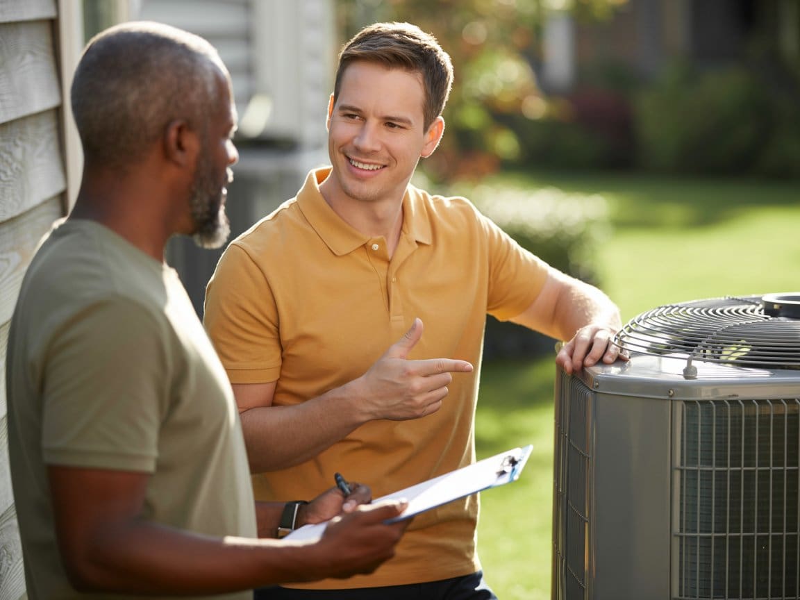 HVAC consultant reviewing heat pump vs central AC options with a Virginia homeowner
