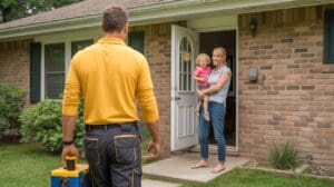 Heating services near Lynchburg Regional Airport technician greeting family at brick home
