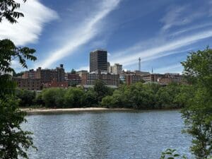 Heating services Southwest Lynchburg: skyline view across James River with downtown