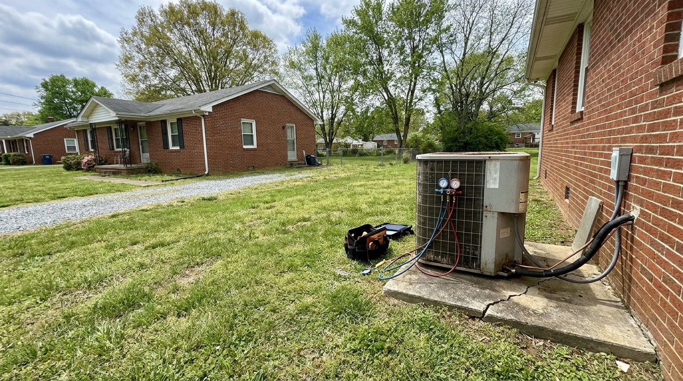 An outdoor air conditioning condenser unit with gauges and hoses attached sits on a cracked concrete pad beside a brick house, with a tool bag on the grass nearby.