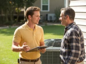 High electricity bills and AC inefficiency discussed by technician with homeowner