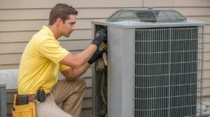 HVAC Repair Lynchburg technician performing air conditioner repair on outdoor AC unit