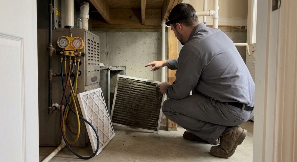 Indoor air quality testing Halifax VA: technician inspects dirty furnace filter.