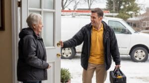 Local furnace repair Lynchburg technician greeting homeowner at door during winter service call