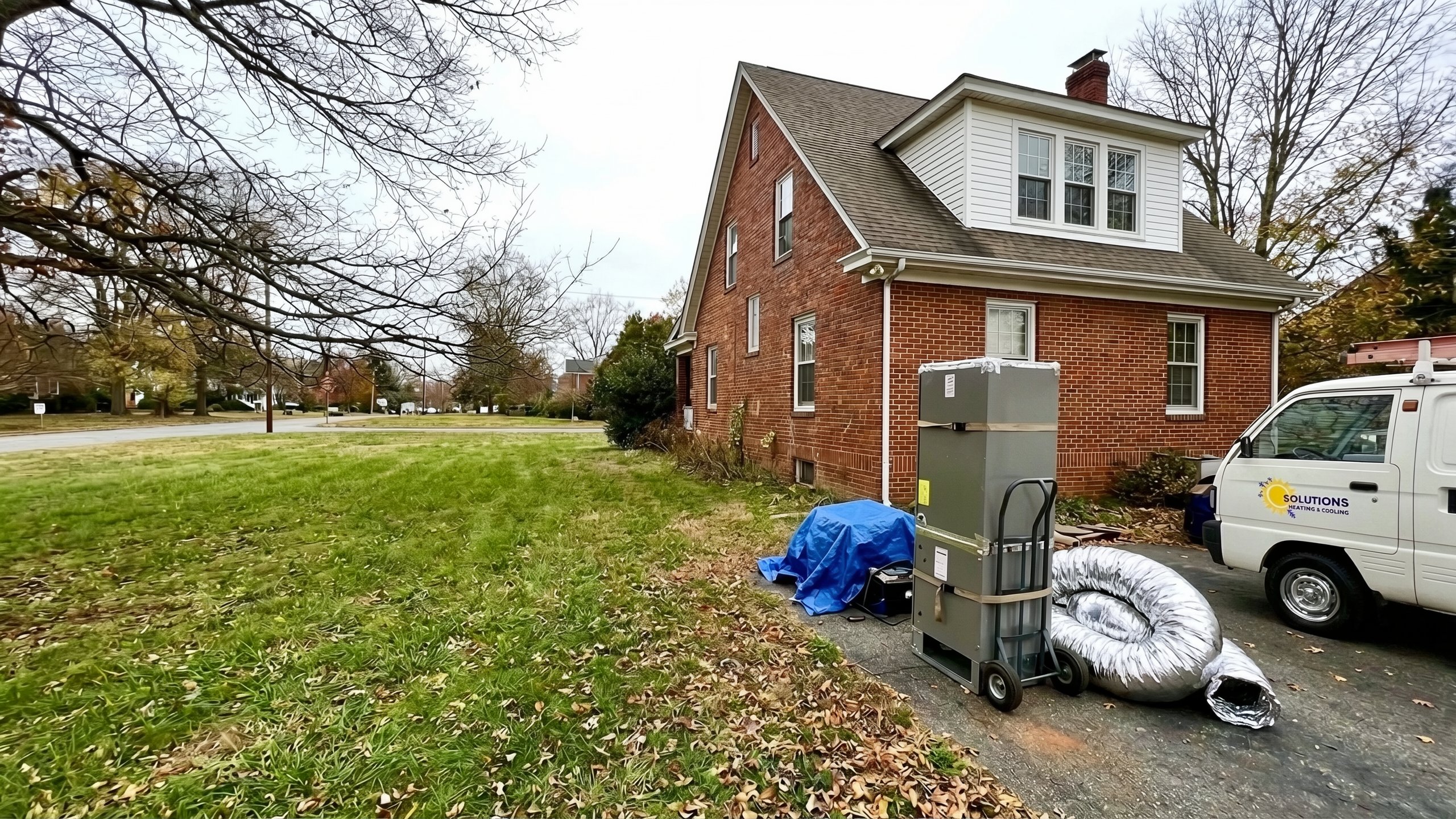 A new HVAC air handler unit on a hand truck with flexible silver ductwork sits on a driveway beside a brick house, next to a Solutions Heating & Cooling service van.