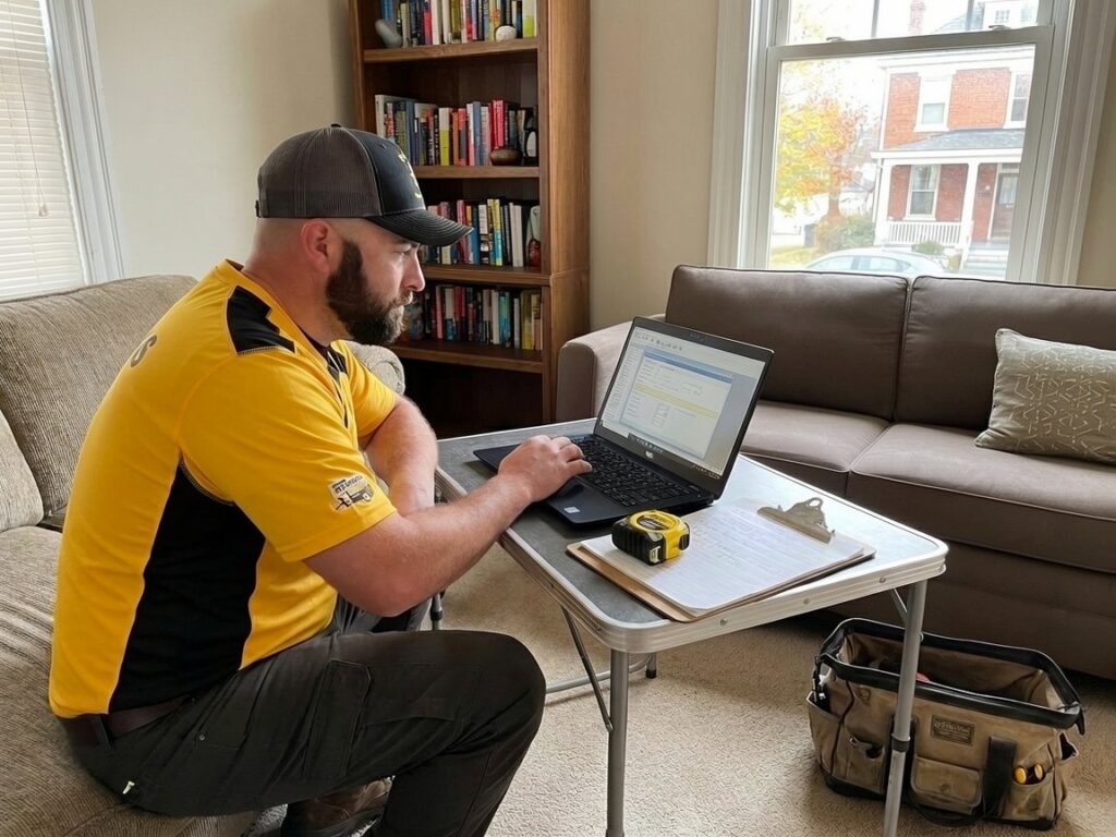 A man in a yellow and black shirt and baseball cap kneels on the floor typing on a laptop placed on a small folding table, with a tape measure and clipboard beside it.