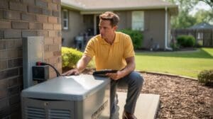 Technician assessed propane vs natural gas standby generator fuel options at residential install