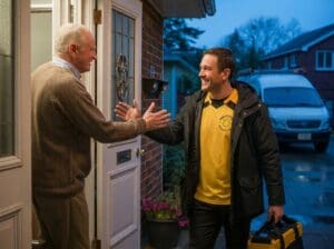 Solutions Heating & Cooling plumber greeted by homeowner for rusty water from water heater visit
