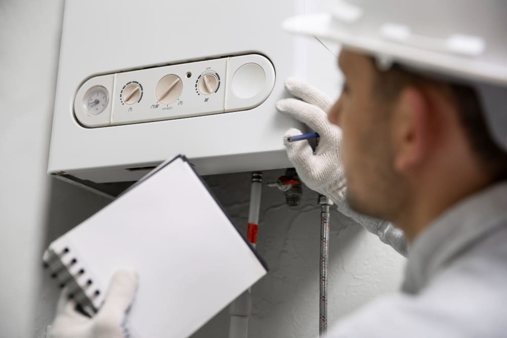 Heating technician inspecting a home heating system