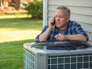 Homeowner calling for HVAC diagnostic visit while examining non-functioning air conditioning system