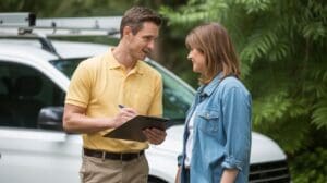 Zoned HVAC system installation Halifax VA technician consulting with homeowner outdoors